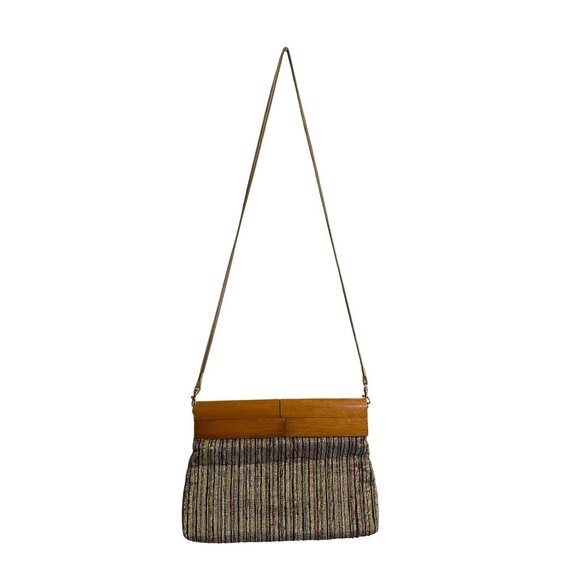 Saddle River Vintage Wooden Frame Multicolor Fabric Bag 80s Detachable Strap - Picture 3 of 6